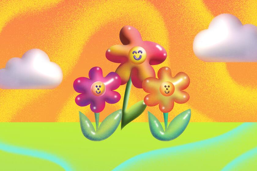 Illustration of a trio of poppies smiling in between two clouds in front of a colorful background