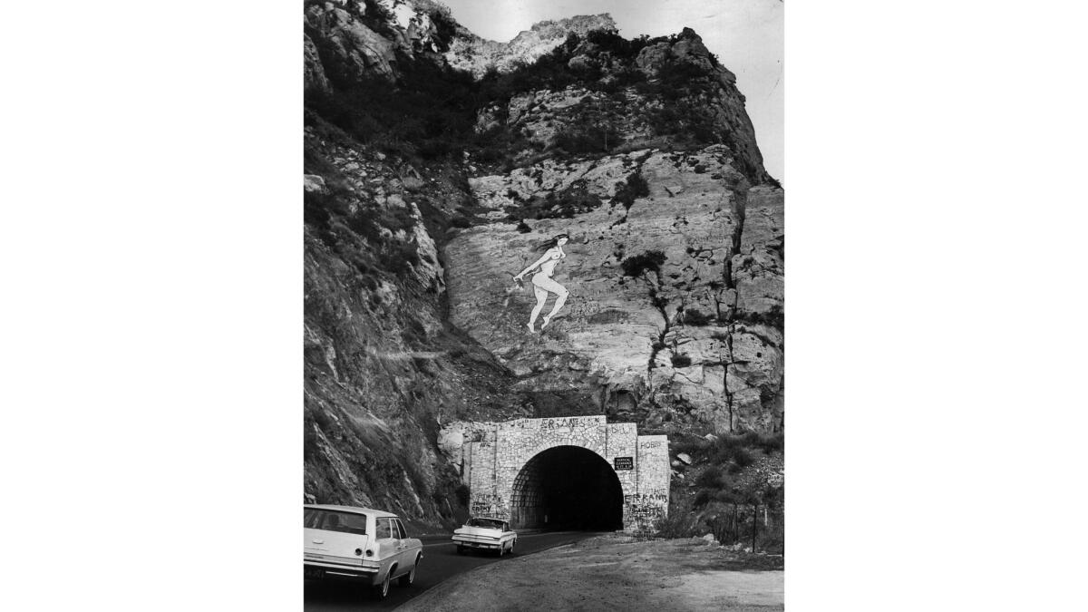 Oct. 31, 1966: A nude portrait that appeared on the rocks above a Malibu Canyon Road tunnel became known as the Pink Lady. The photo by George Fry ran in the Nov. 1, 1966, edition of the Los Angeles Times.