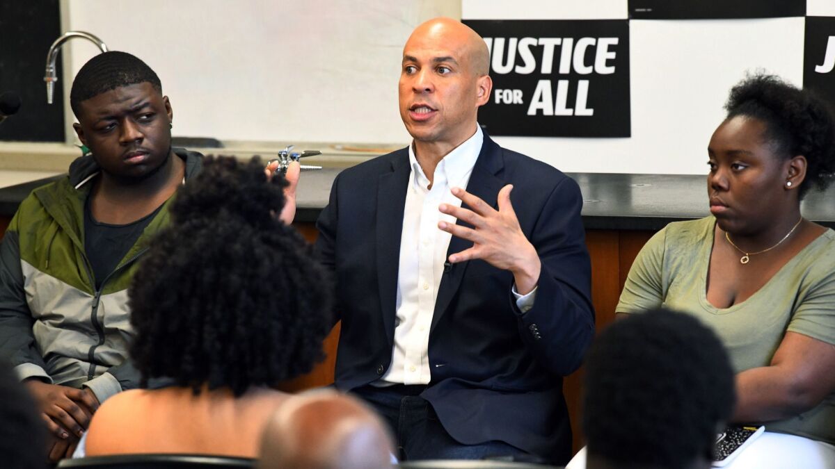 Democratic presidential candidate Sen. Cory Booker of New Jersey, seen speaking at Allen University in South Carolina on April 26, introduced legislation to study black reparations.