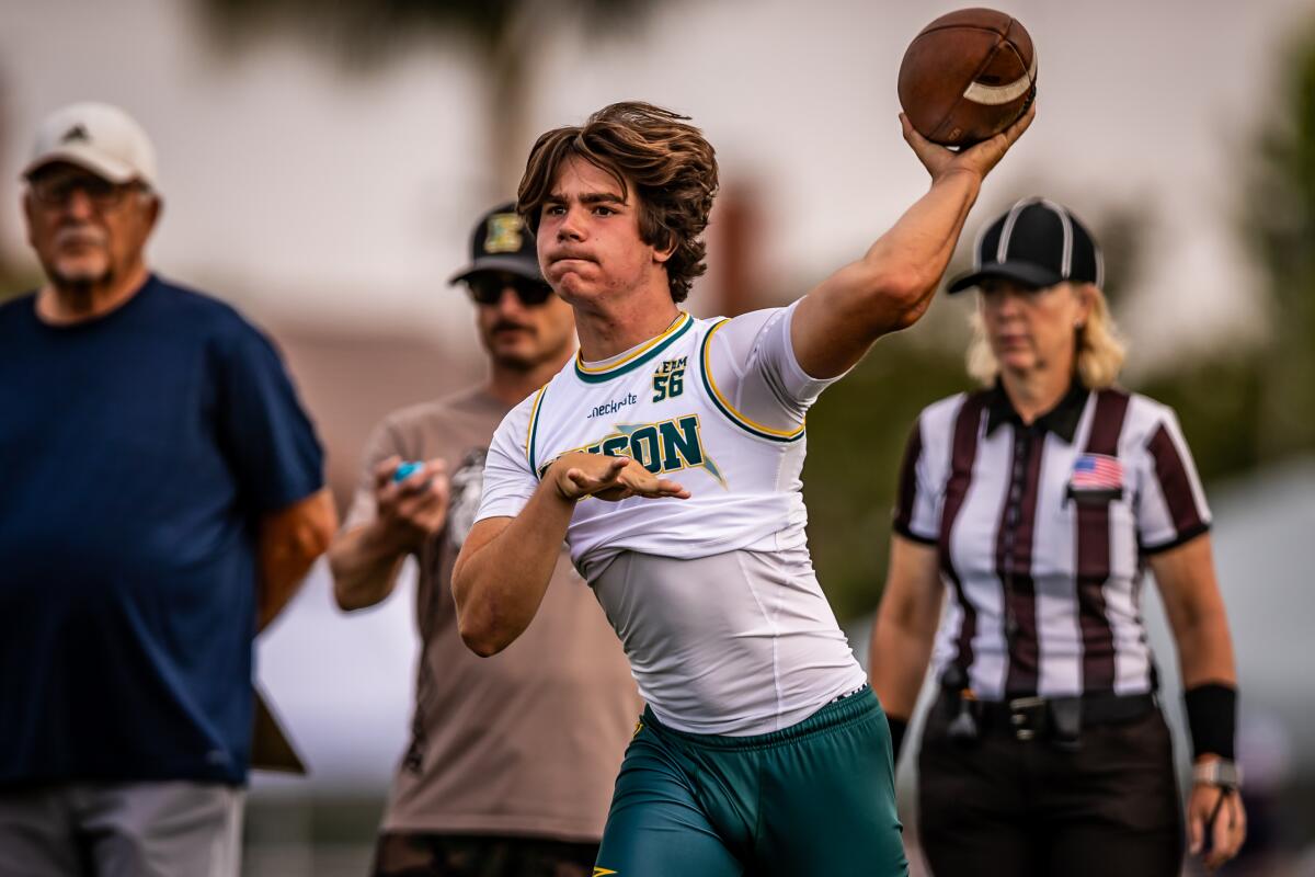 Edison sophomore quarterback Sam Thomson competes in the Battle at the Beach passing tournament on Saturday.