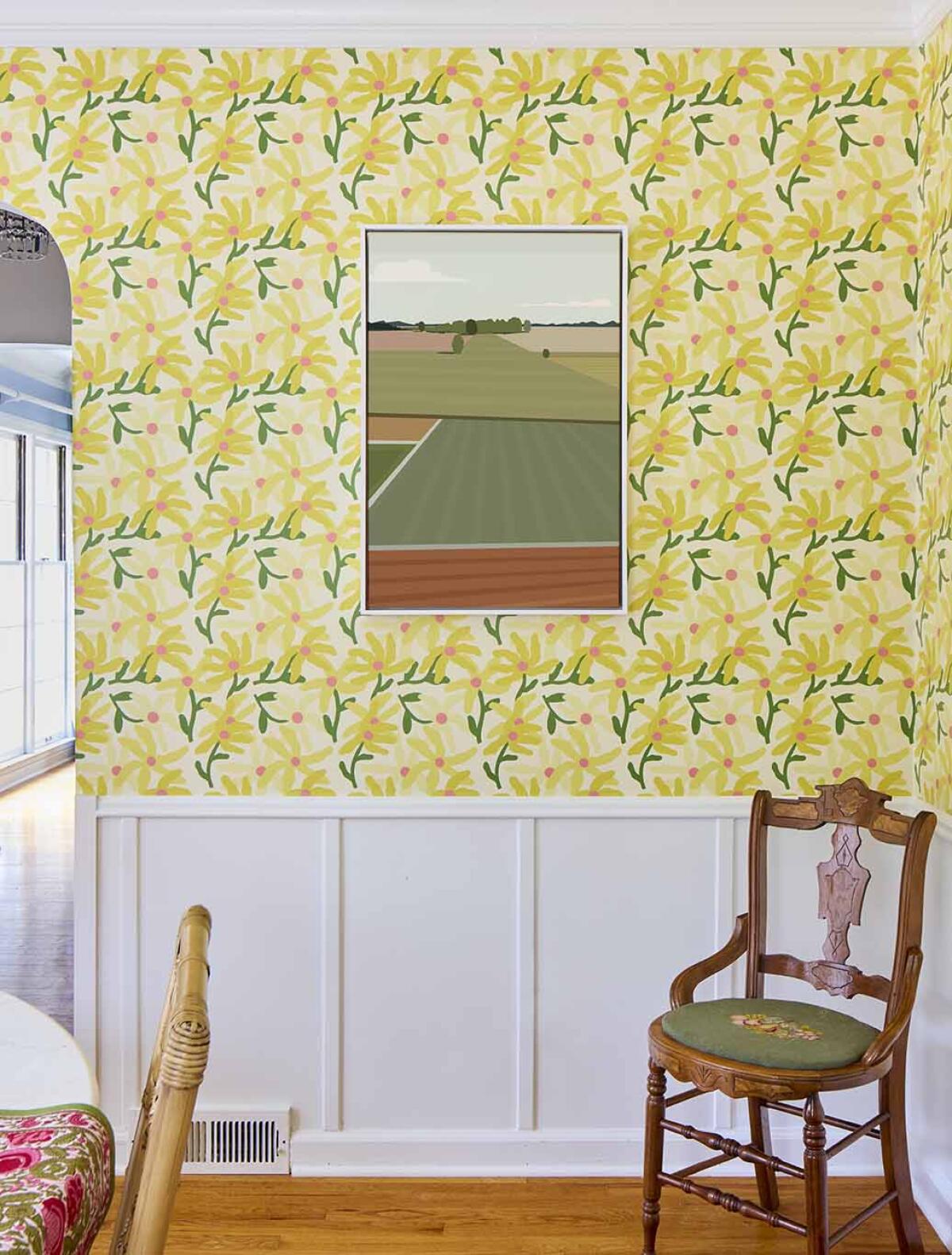 A geometric landscape design, featuring muted colors of blue, green, and terracotta