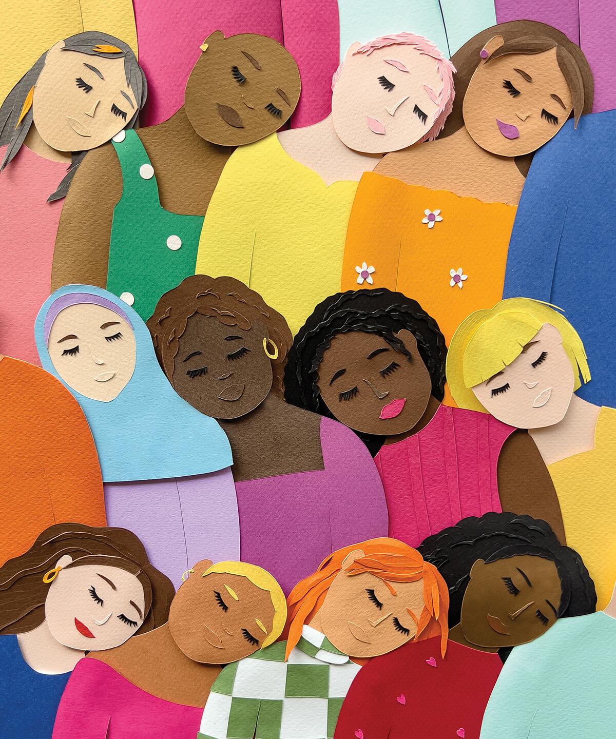 Illustration of diverse women leaning on each other for support