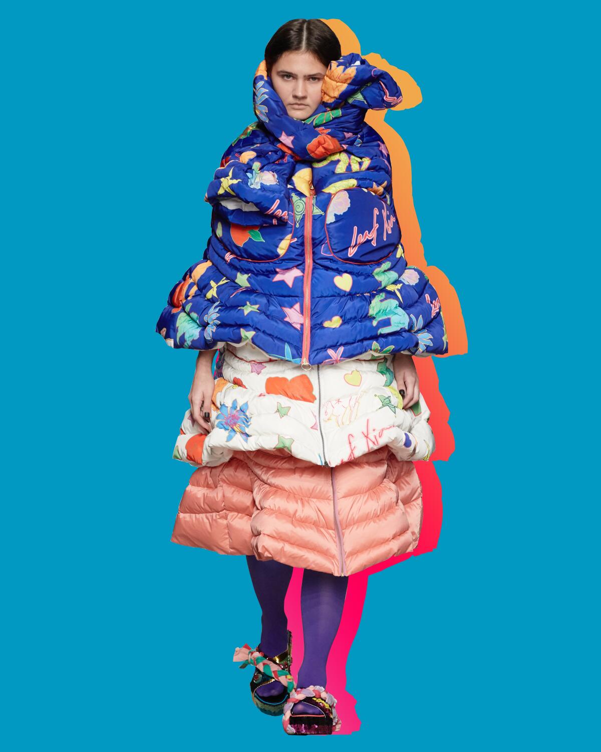 A model wrapped in puffer jackets