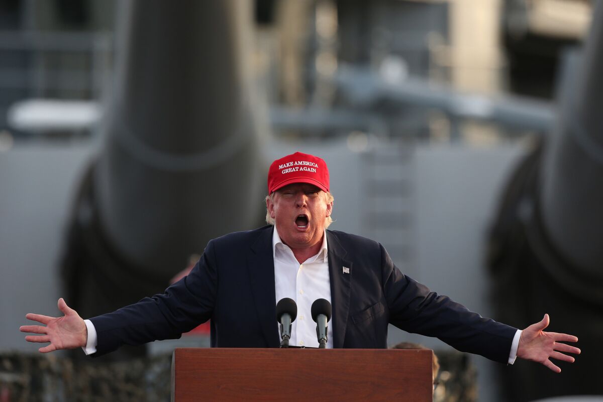 Republican presidential candidate Donald Trump speaks in September aboard the USS Iowa in San Pedro.