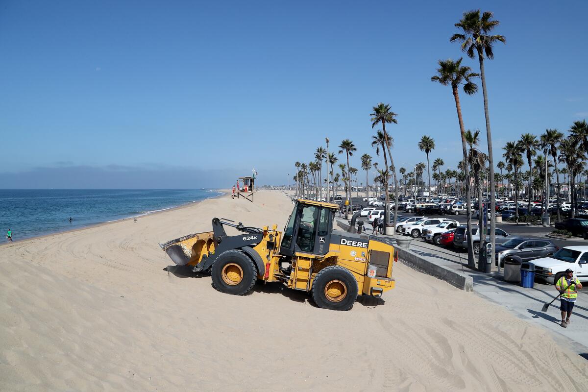A bulldozer is used to build sand dunes on the north side of Balboa Pier.
