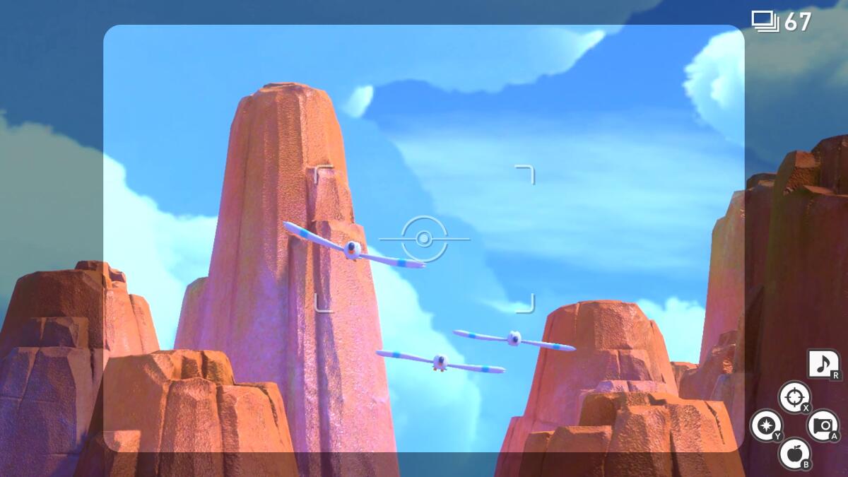 In "New Pokémon Snap," airplane-like beings soar through a Monument Valley-like rocky landscape.