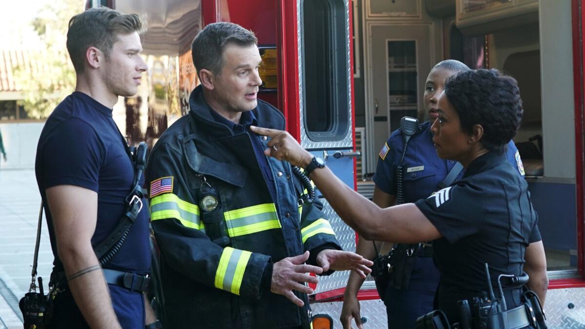 Peter Krause, Oliver Stark, Aisha Hinds and Angela Bassett star in "9-1-1."