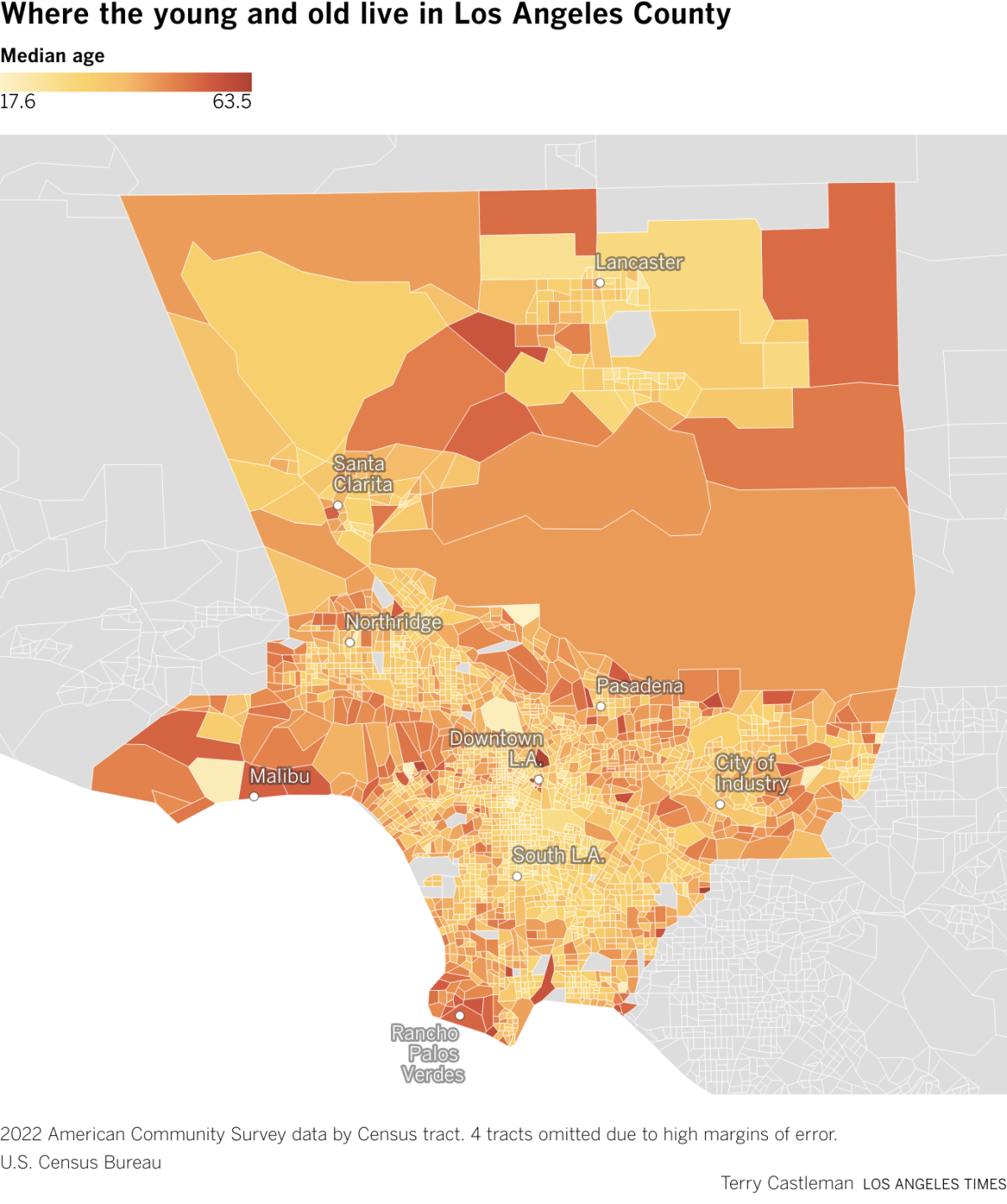 Map showing median age by census tract in Los Angeles county.