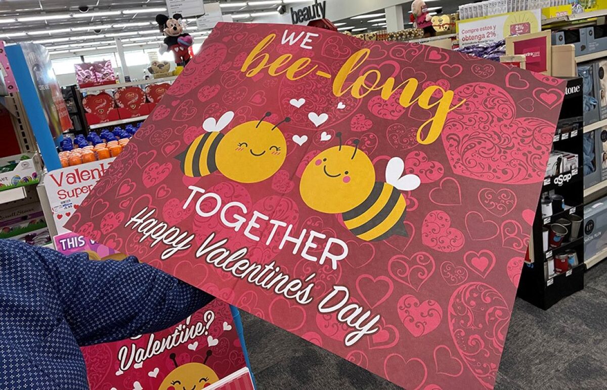 A giant Valentines card that says Bee Mine
