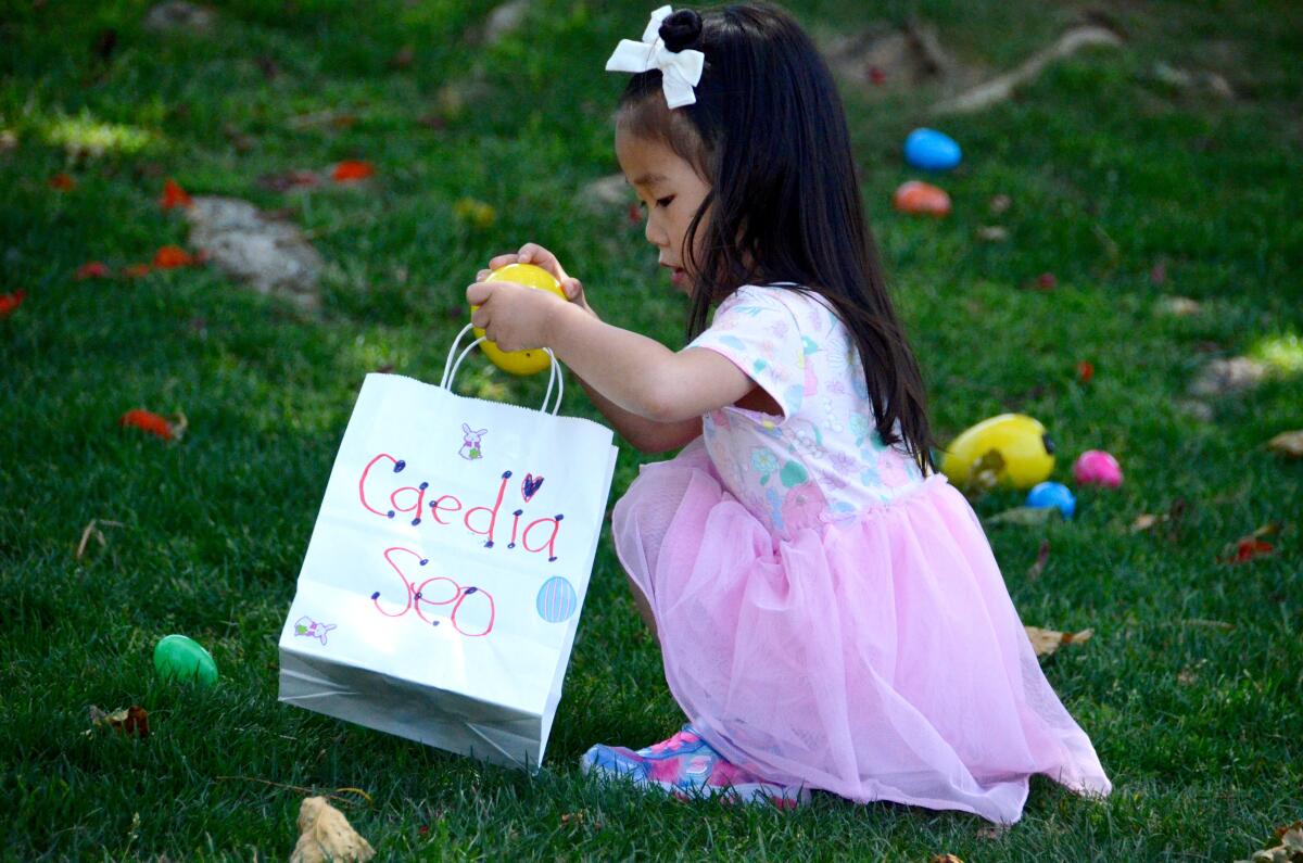 Caedia Seo places a plastic egg in her bag on Saturday during the Beyond Blindness Beeper Egg Hunt