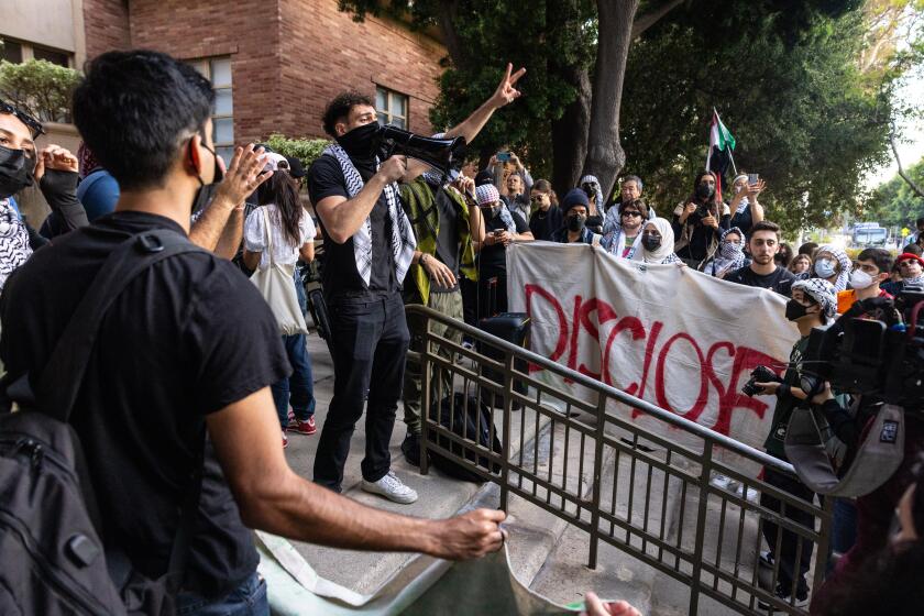 Los Angeles, CA - October 07: A pro Palestine rally at UCLA on the one-year anniversary of Hamas' Oct. 7th attack on Israel on Monday, Oct. 7, 2024 in Los Angeles, CA. (Jason Armond / Los Angeles Times)