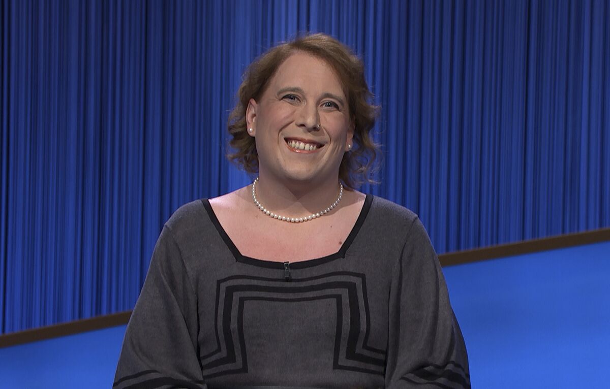 FILE - This image provided by Jeopardy Productions, Inc. shows game show champion Amy Schneider on the set of "Jeopardy!" Schneider the reigning "Jeopardy!" champion was robbed at gunpoint over New Year's weekend in Oakland, Calif. (Jeopardy Productions, Inc. via AP,File)