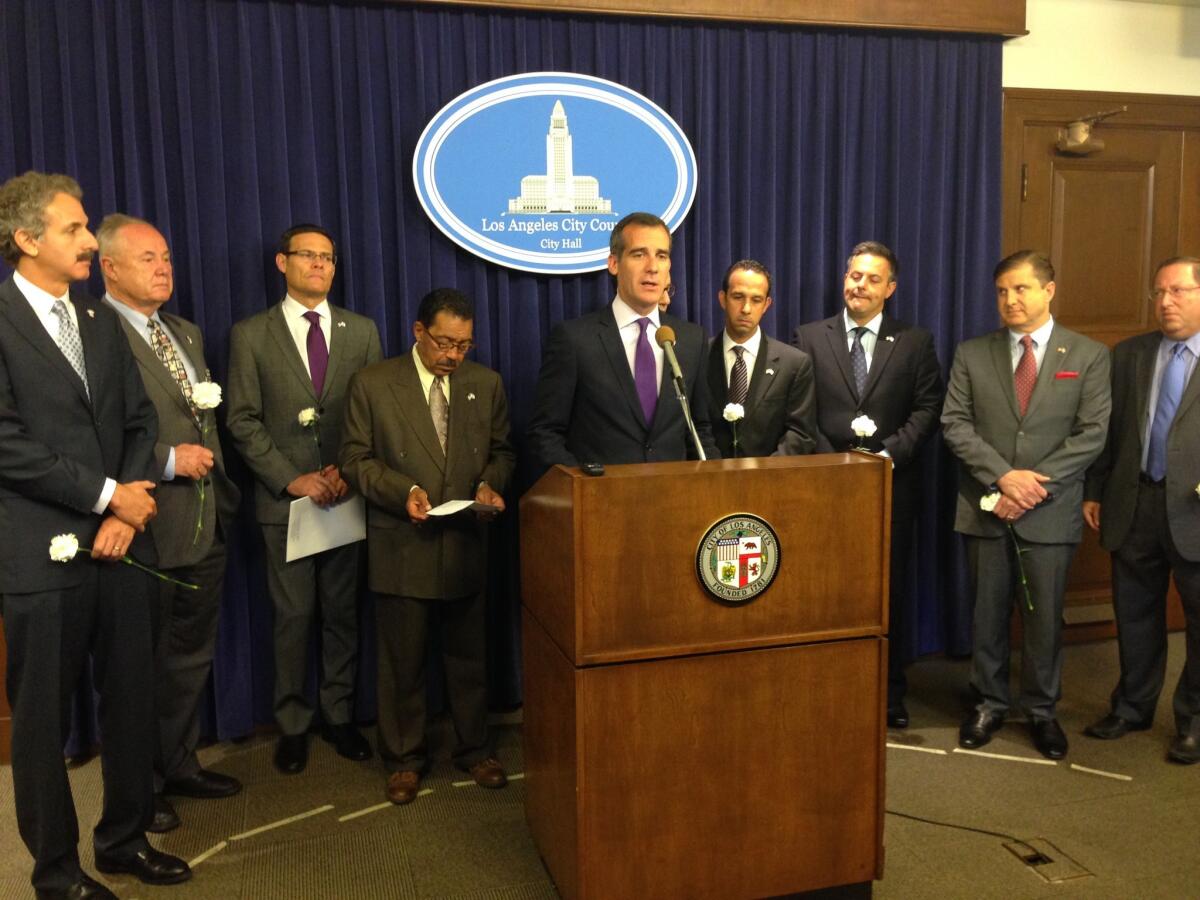 Mayor Eric Garcetti and other City Hall elected officials gathered Tuesday to express support for Israel in its battle against Hamas.