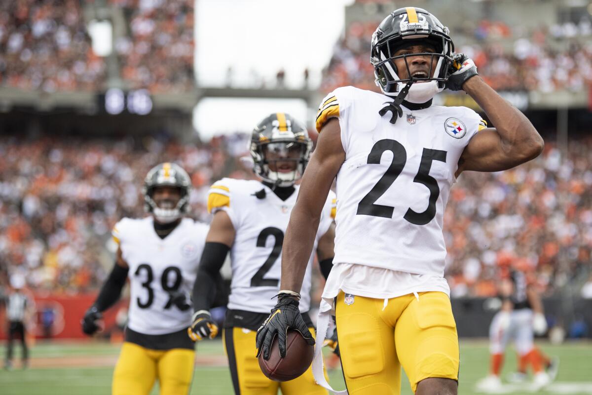 Pittsburgh Steelers cornerback Ahkello Witherspoon celebrates an interception.