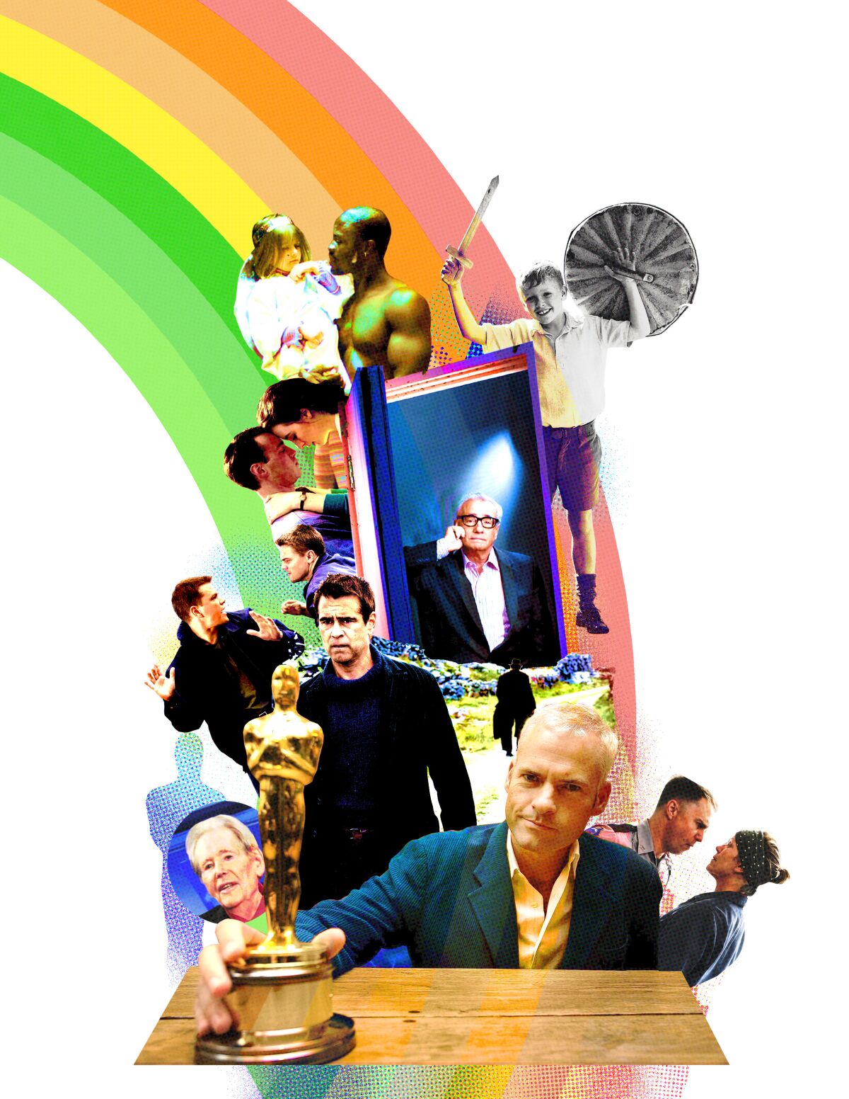 Illustration of a rainbow with cutouts of Irish-related films on it.