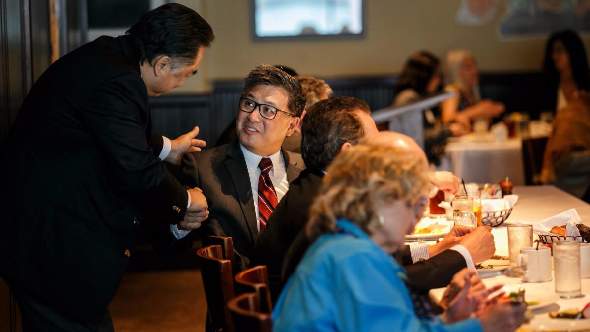 State Treasurer and Democratic gubernatorial candidate John Chiang attends the Los Angeles Current Affairs Forum on June 1.