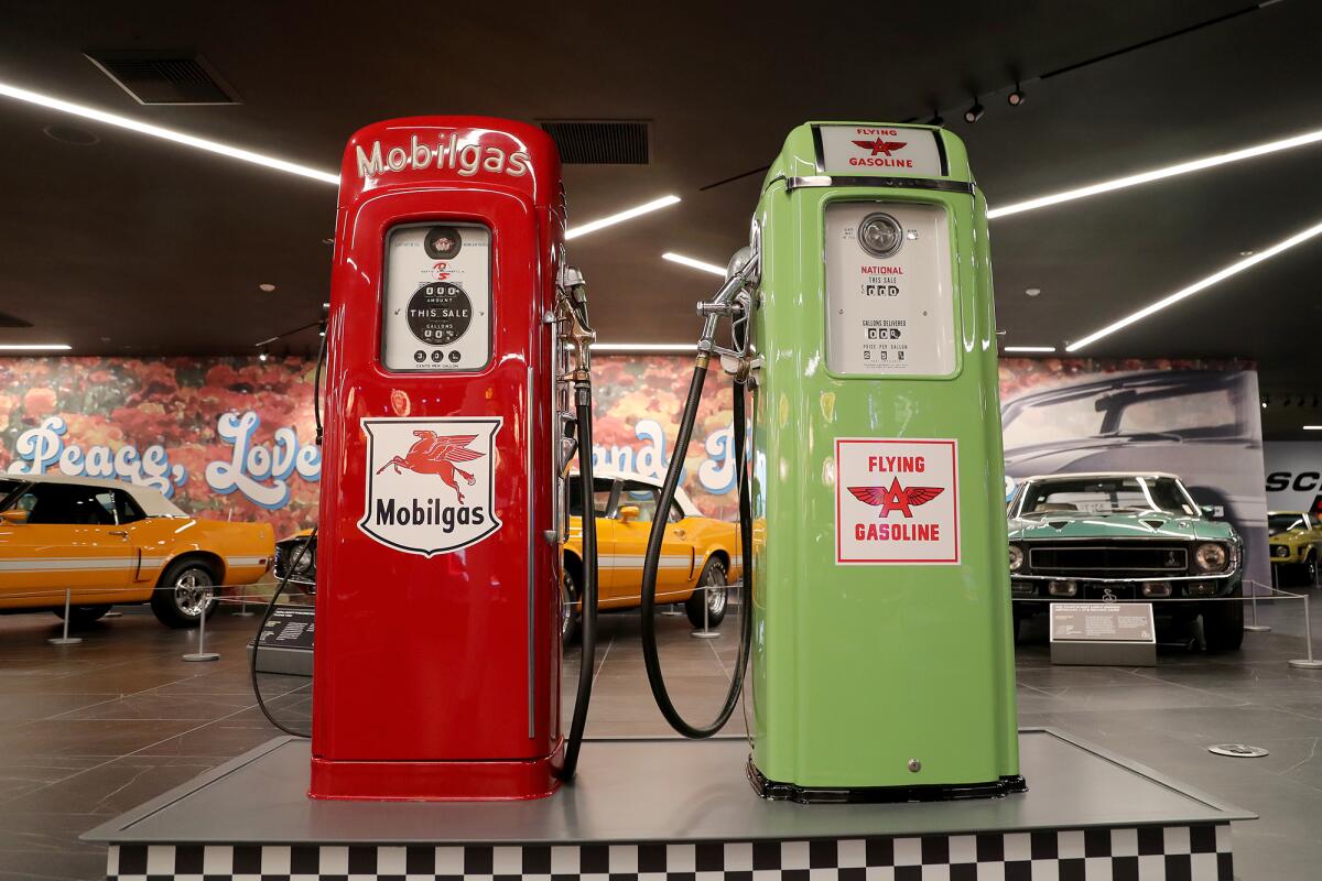 Vintage gasoline pumps by Mobilegass and Flying Gasoline at the Segerstrom Shelby Event Center and Museum in Irvine.