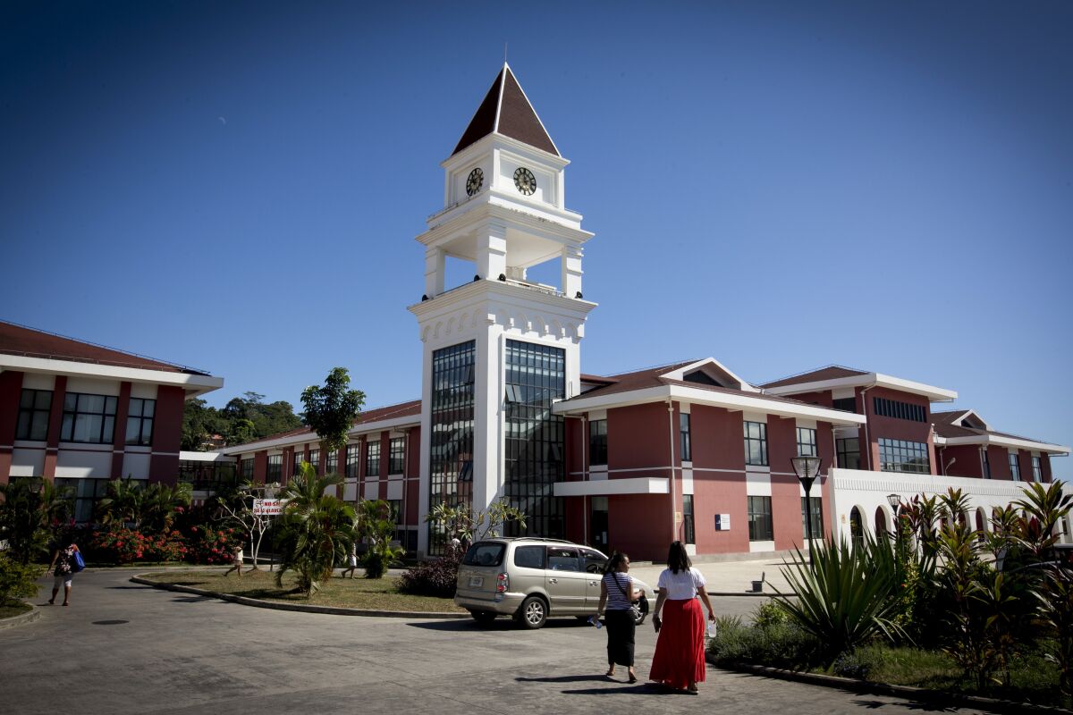 The Tupua Tamasese Meaule Hospital is pictured in Apia, Samoa, July 10, 2015. Samoa will go into lockdown from Saturday, March 19, 2022 as it faces its first outbreak of the coronavirus after a woman who was about to leave the country tested positive. (Dean Purcell/New Zealand Herald via AP)