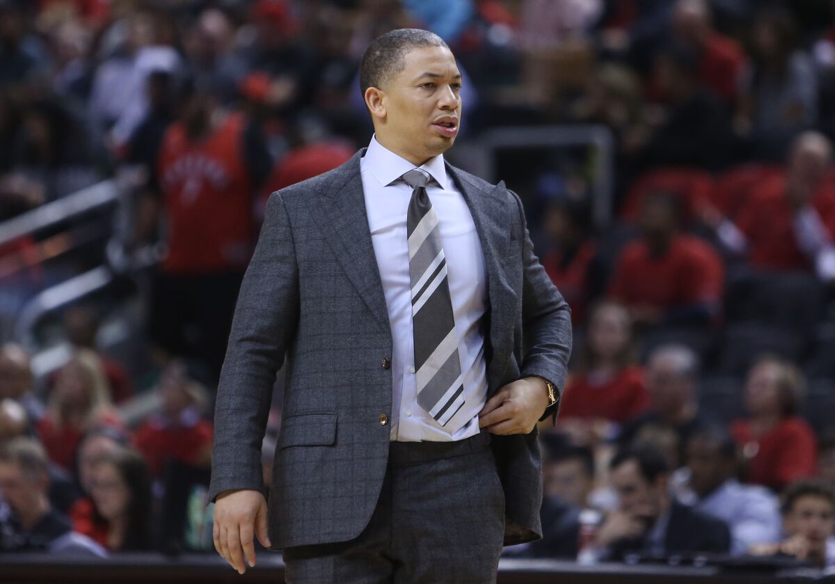 Tyronn Lue patrols the sideline while coach of the Cleveland Cavaliers in 2018.