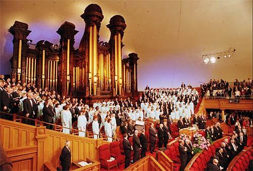 The Mormon Tabernacle Choir performs in the Salt Lake Tabernacle at Temple Square in Salt Lake City. Thats the tabernacles famous pipe organ in the background.