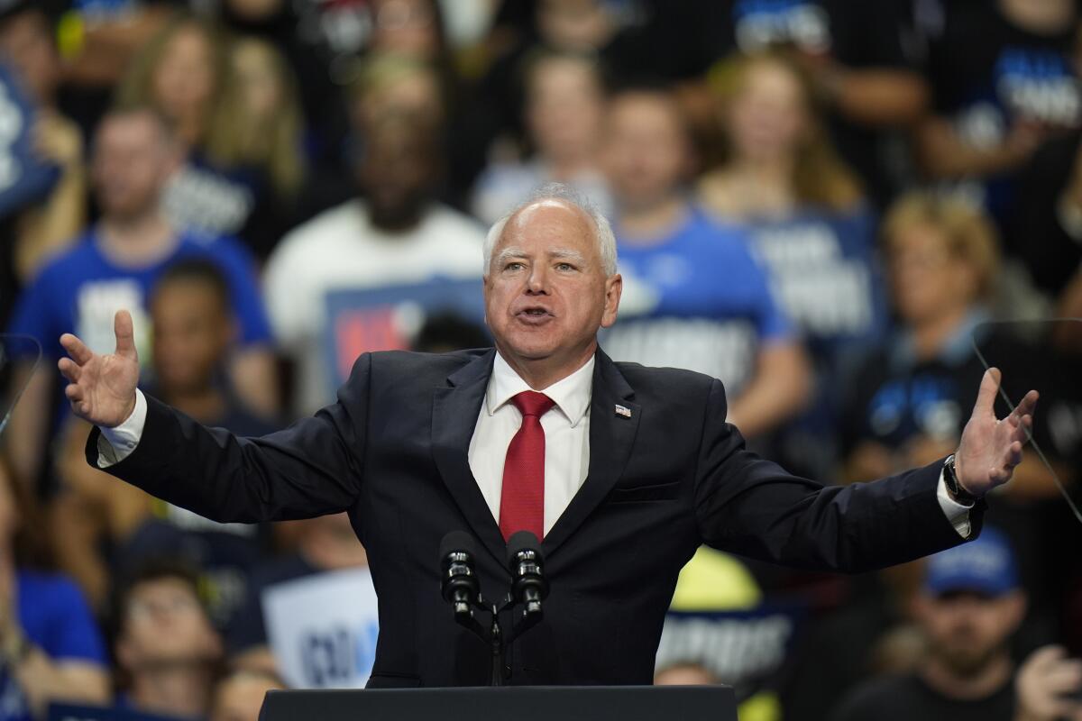 Democratic vice presidential nominee Minnesota Gov. Tim Walz speaks at a campaign rally Saturday in Las Vegas.