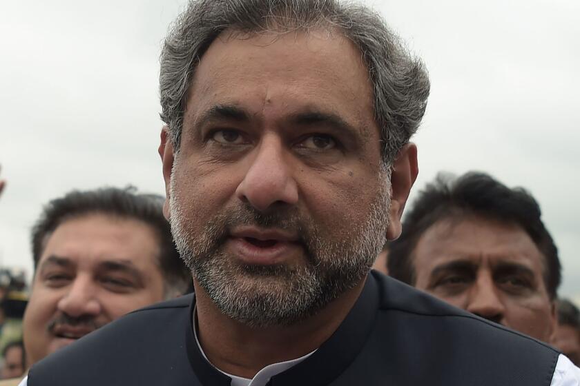Pakistan's former petroleum minister and prime minister-designate Shahid Khaqan Abbasi arrives at the Parliament House to casts his vote during the election for interim prime minister in Islamabad on August 1, 2017. Pakistan's parliament is set to elect a new prime minister on August 1, after the Supreme Court ousted Nawaz Sharif following an investigation into corruption allegations against his family. / AFP PHOTO / AAMIR QURESHIAAMIR QURESHI/AFP/Getty Images ** OUTS - ELSENT, FPG, CM - OUTS * NM, PH, VA if sourced by CT, LA or MoD **