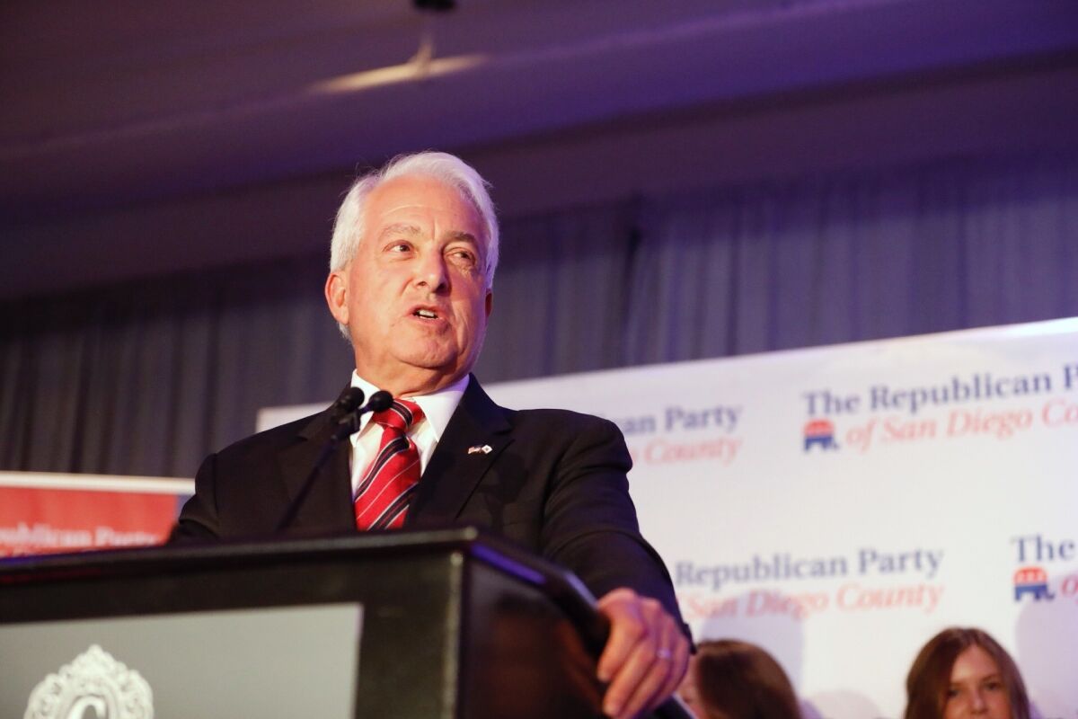 John Cox, Republican candidate for California governor, gives his concession speech at the U.S. Grant Hotel in San Diego on Nov. 6.