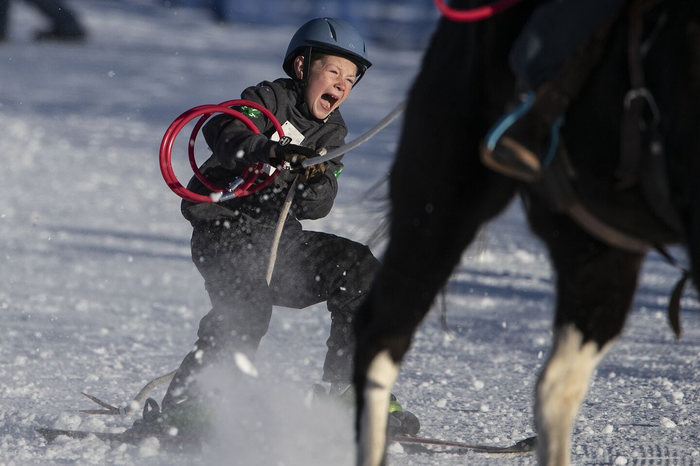 Wyatt Rasmussen, 9, screams out in elation as he nears the finish in his first every try in the Sport Division of Skijoring Utah.