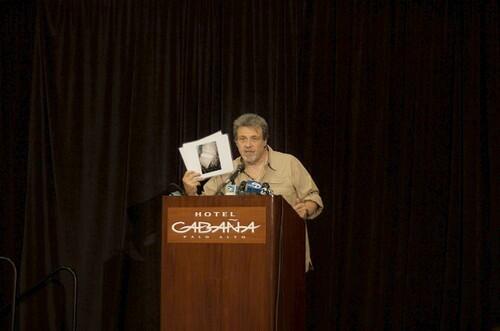Press conference about a Bigfoot find Tom Biscardi, a longtime Bigfoot enthusiast, displays a photograph given to reporters during an Aug. 15 news conference in Palo Alto about the purported Bigfoot find.