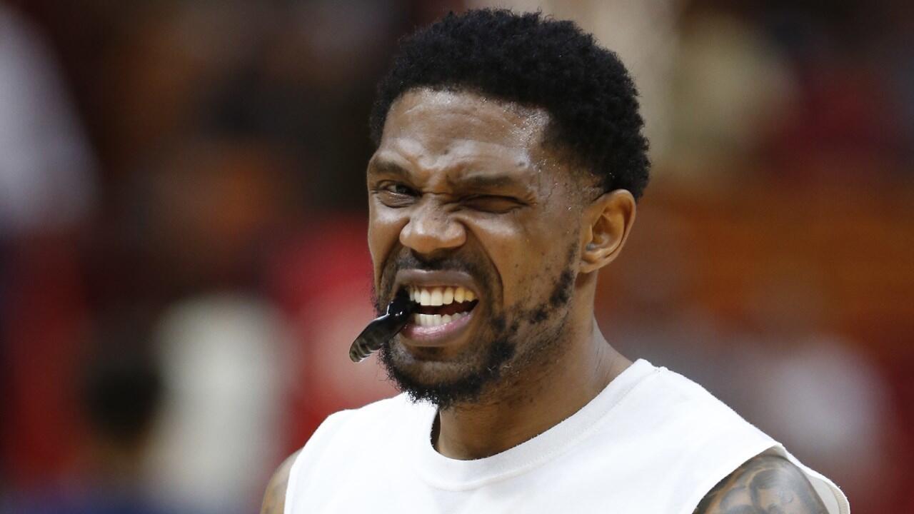Miami Heat forward Udonis Haslem is shown during warmups before the start an NBA basketball game against the Washington Wizards, Wednesday, April 12, 2017, in Miami. (AP Photo/Wilfredo Lee)