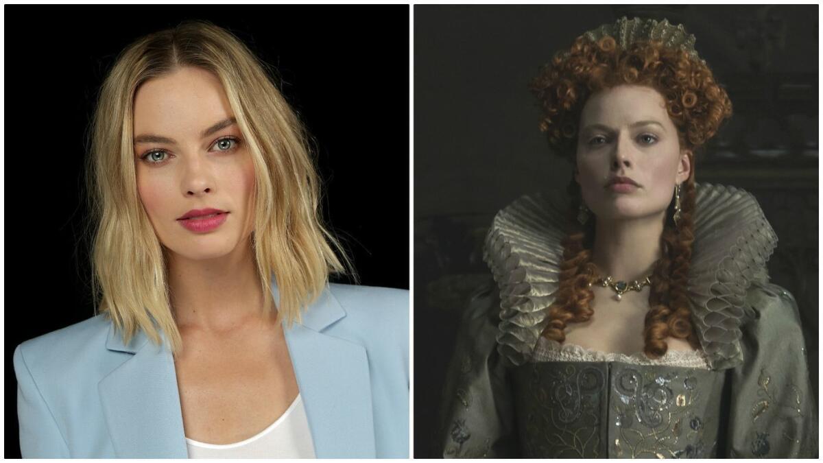 Margot Robbie en los estudios fotográficos de Los Angeles Times, a la izquierda, y en “Mary Queen of Scots”.