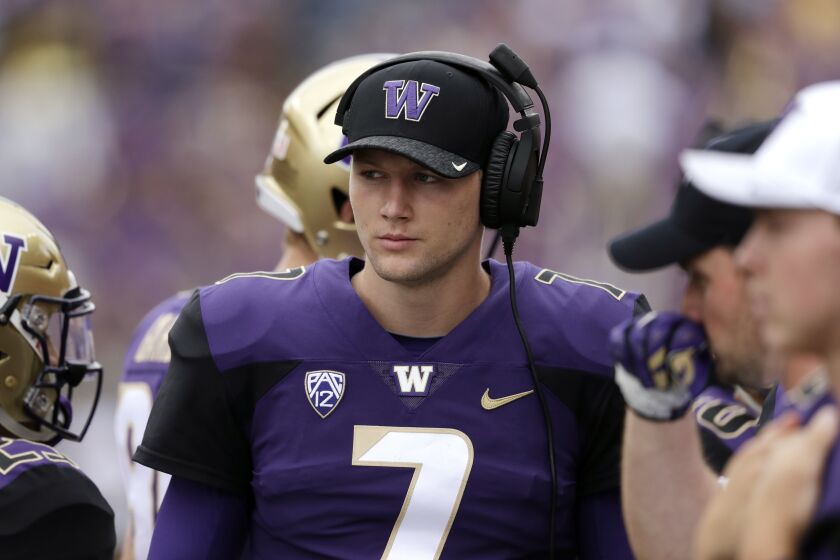 Washington quarterback Colson Yankoff stands on the sidelines against North Dakota in an NCAA college football game Saturday, Sept. 8, 2018, in Seattle. (AP Photo/Elaine Thompson)