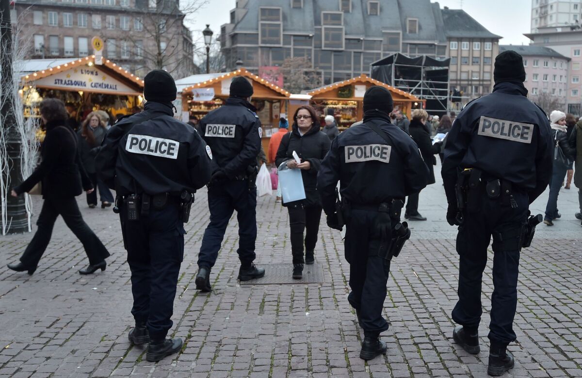 French police patrol the Christmas market area in the eastern city of Strasbourg on Nov. 27.