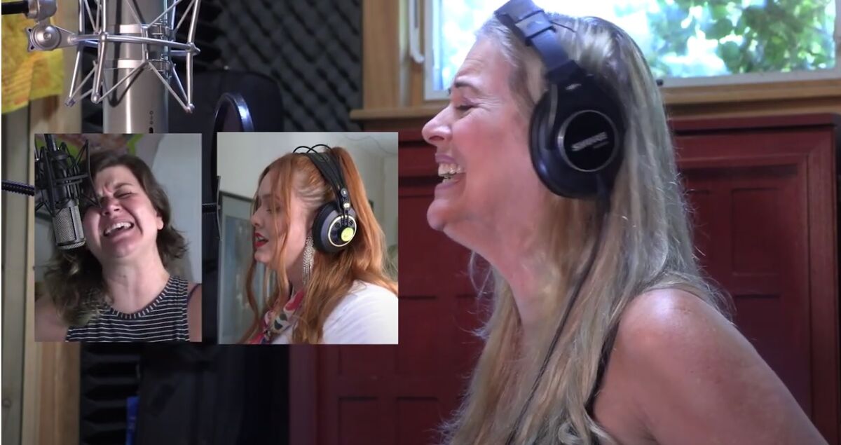 Singers, from left, Lauren Leigh, Shyla Day and Eve Selis remotely joined in a COVID-related recording of "We Are The World."