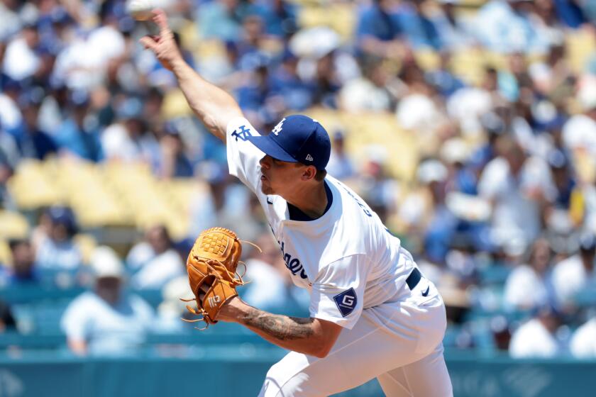 LOS ANGELES, CA MAY 8, 2024 - Los Angeles Dodgers pitcher Gavin Stone throws to the plate during the first inning of a baseball game against the Miami Marlins Wednesday, May 8, 2024, in Los Angeles. (Wally Skalij / Los Angeles Times)