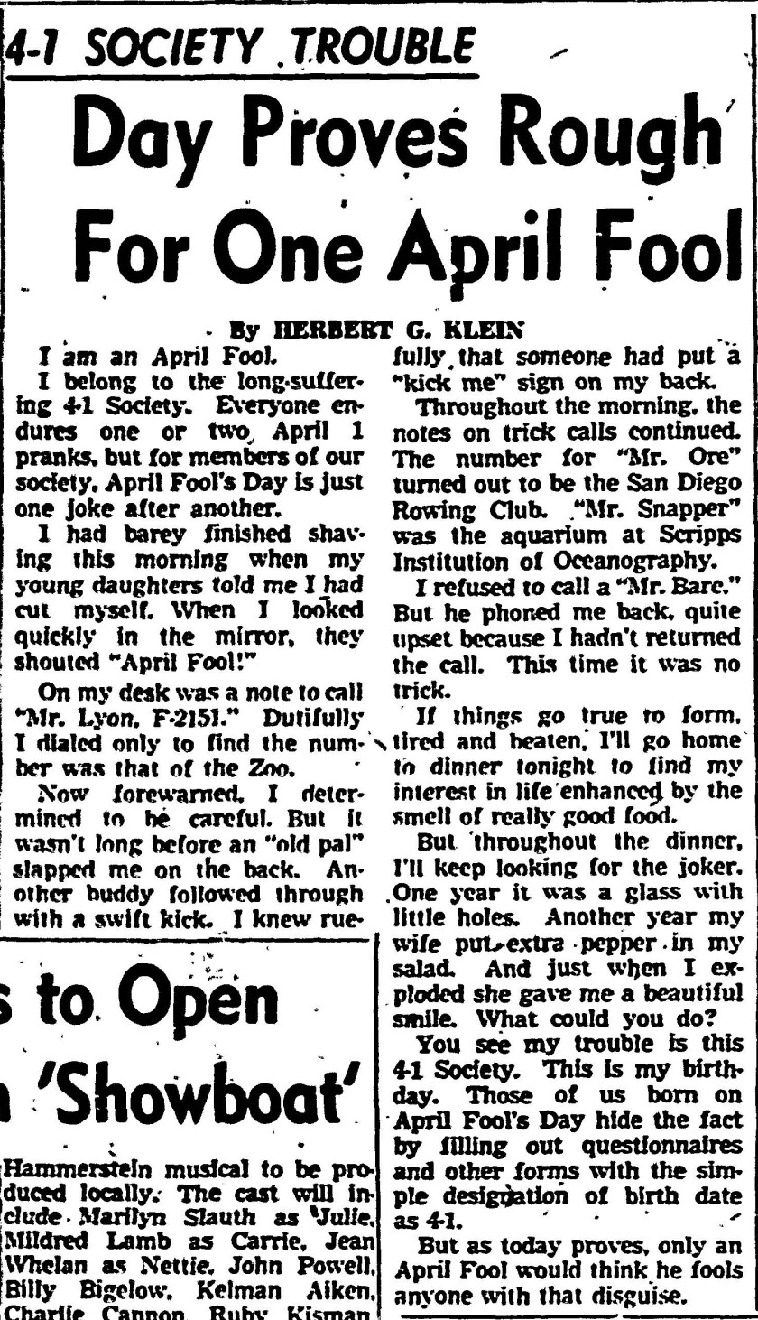 From the Evening Tribune, Tuesday, April 1, 1952: 'Day Proves Rough For One April Fool' by Herbert G. Klein.