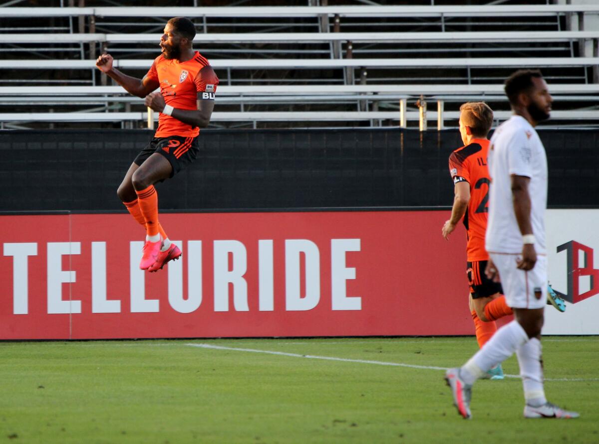Orange County Soccer ClubSean "Ugo" Okoli celebrates scoring a goal.