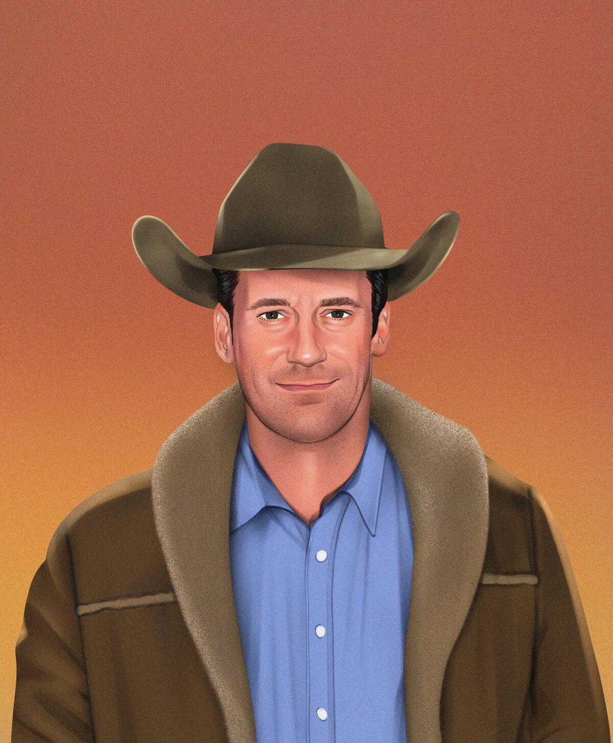 An illustration of Jon Hamm in cowboy hat and shearling coat.