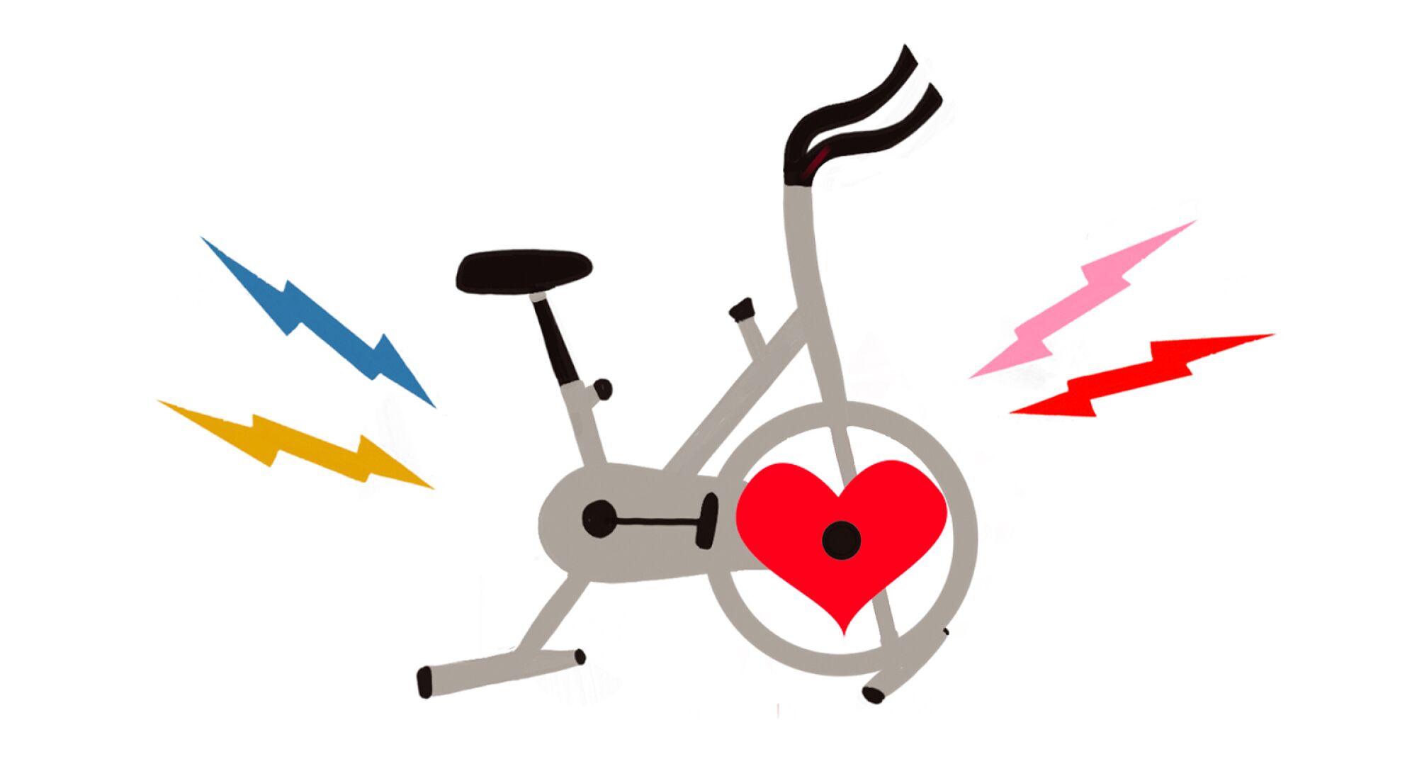 An exercise bike with a heart for a wheel with lightning bolts radiating from either side.