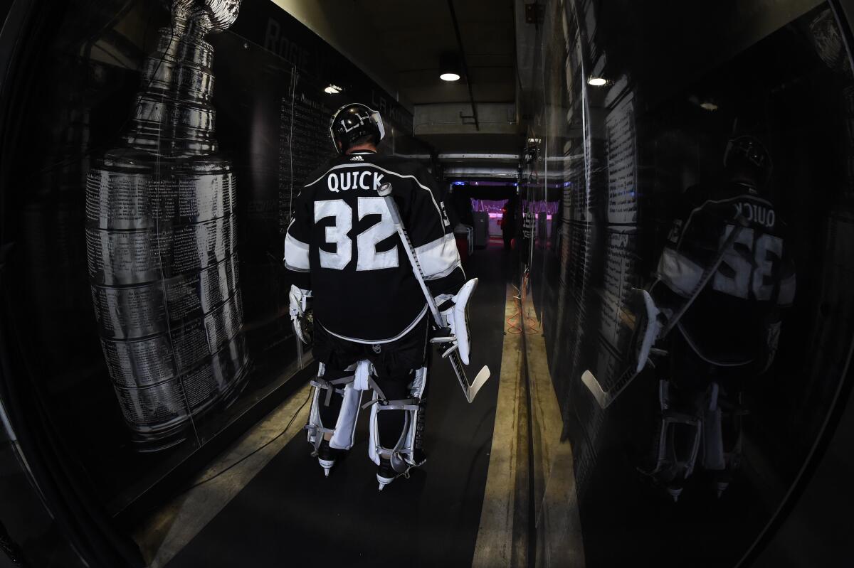 Kings goalie Jonathan Quick waits to take the ice before the preseason game against the Arizona Coyotes.