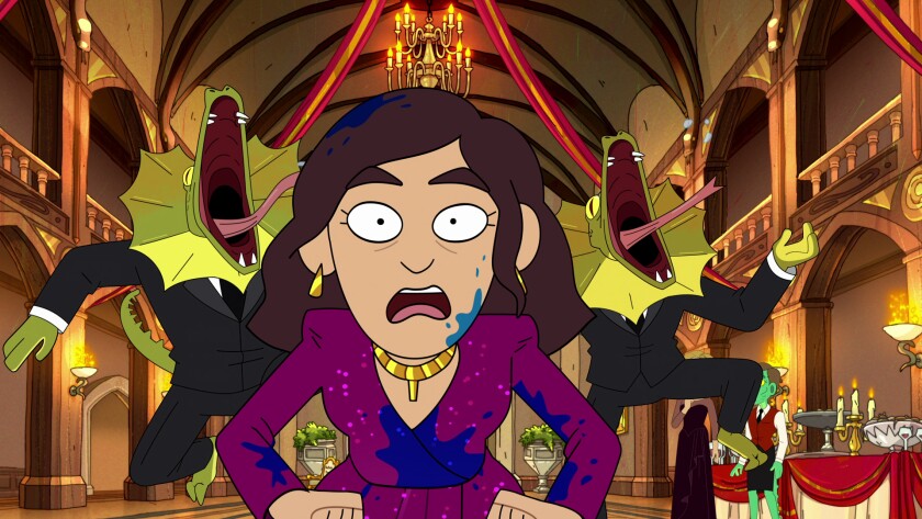 An animated woman running away from lizard people in suits