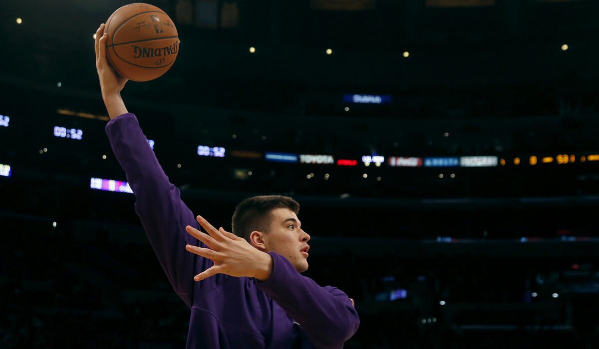 Lakers reserve center Ivica Zubac practices his hook shot before a game against the Memphis Grizzlies at Staples Center on Jan. 3.