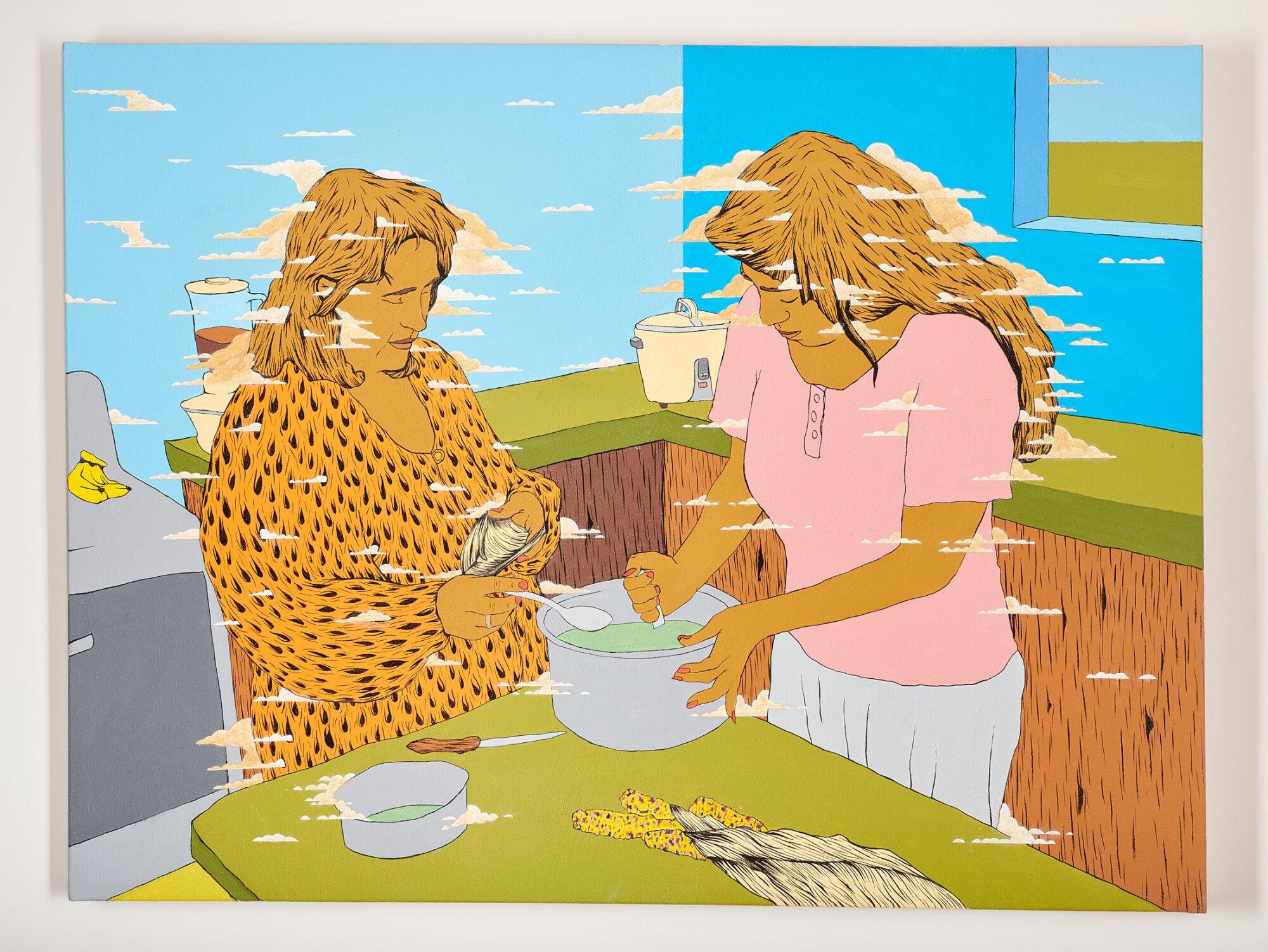 Two women, their bodies fringed by clouds, are shown making food at a kitchen table
