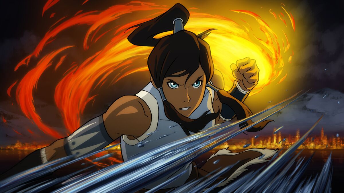 An animated woman with a high ponytail and a raised fist.