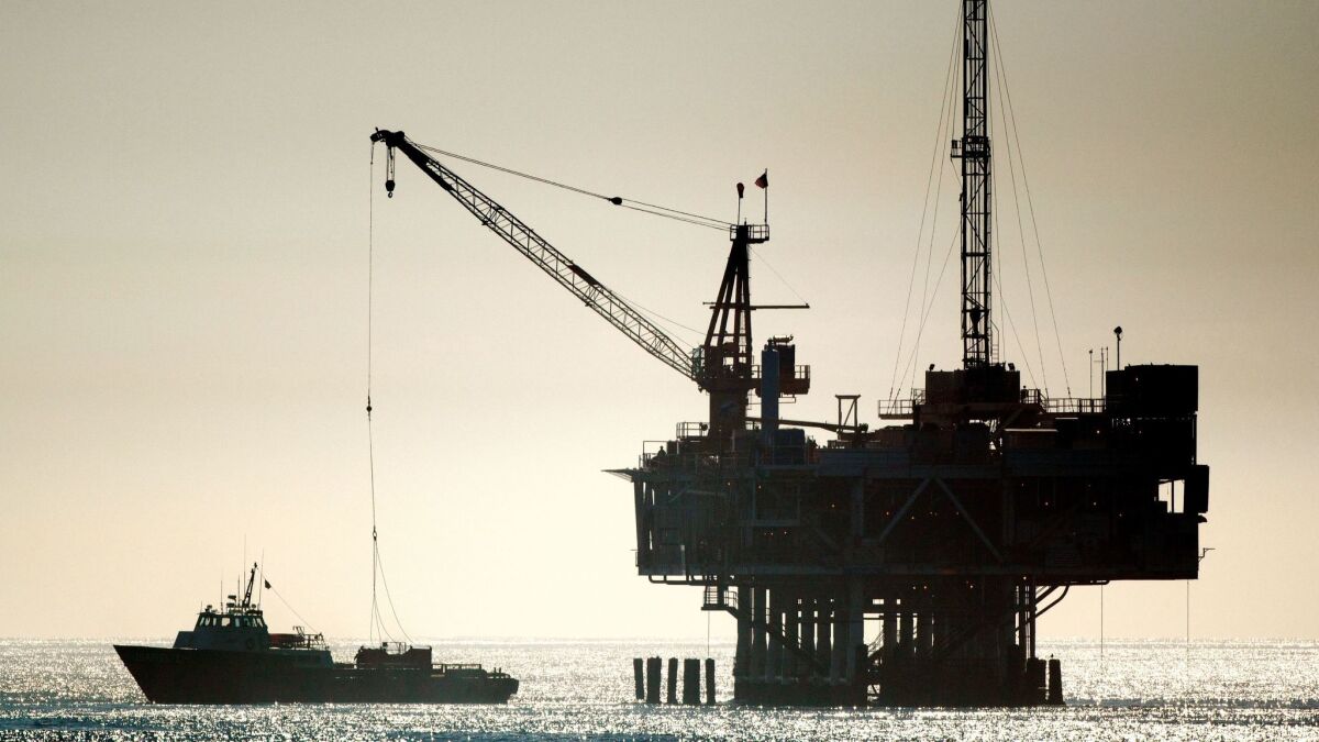 An oil drilling rig is seen off Seal Beach. The Trump administration wants to expand drilling off California and elsewhere, but says it will exempt the waters off Florida.