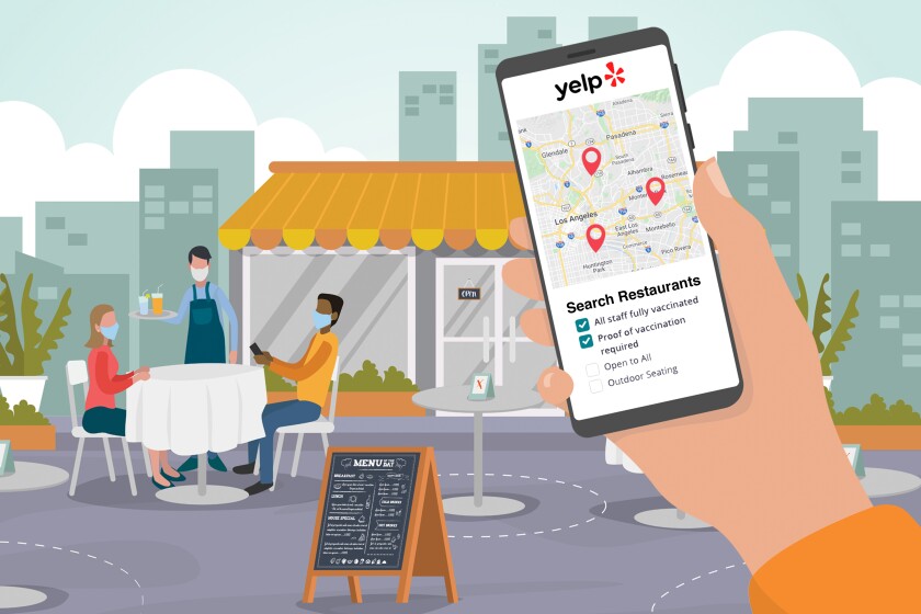 A Yelp screen, shown in an illustration.