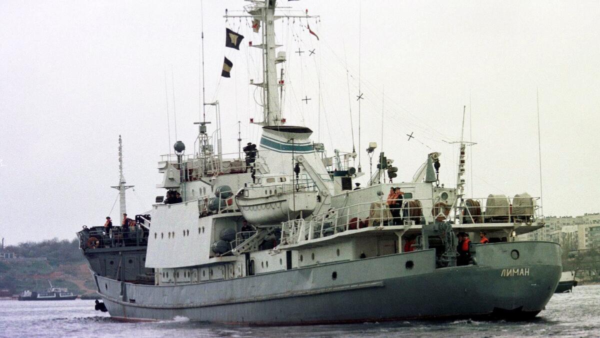 Russian Navy reconnaissance frigate Liman leaves from the Black Sea fleet's base at Sevastopol, Crimean peninsula in this 1999 photo. The ship sank April 27.