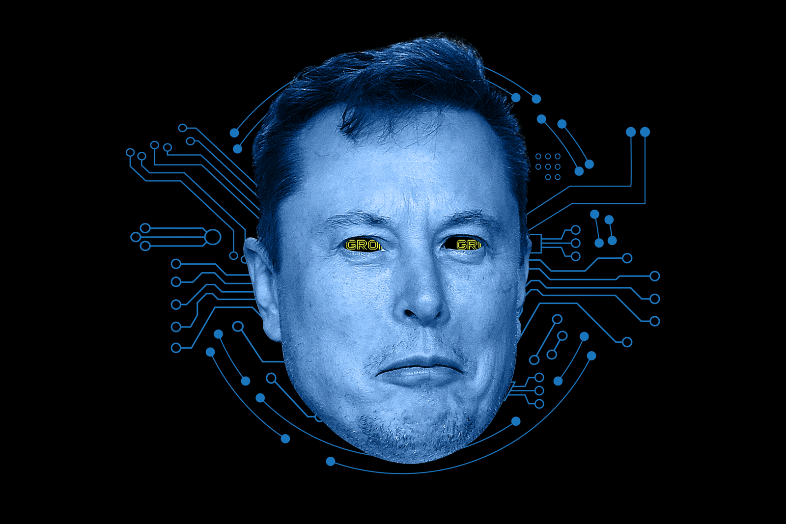 photo illustration of blue Elon Musk as Grok with moving mouth and GROK in his eyes