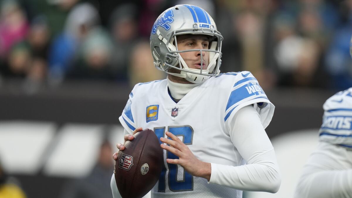 Detroit Lions quarterback Jared Goff steps back to pass against the New York Jets.