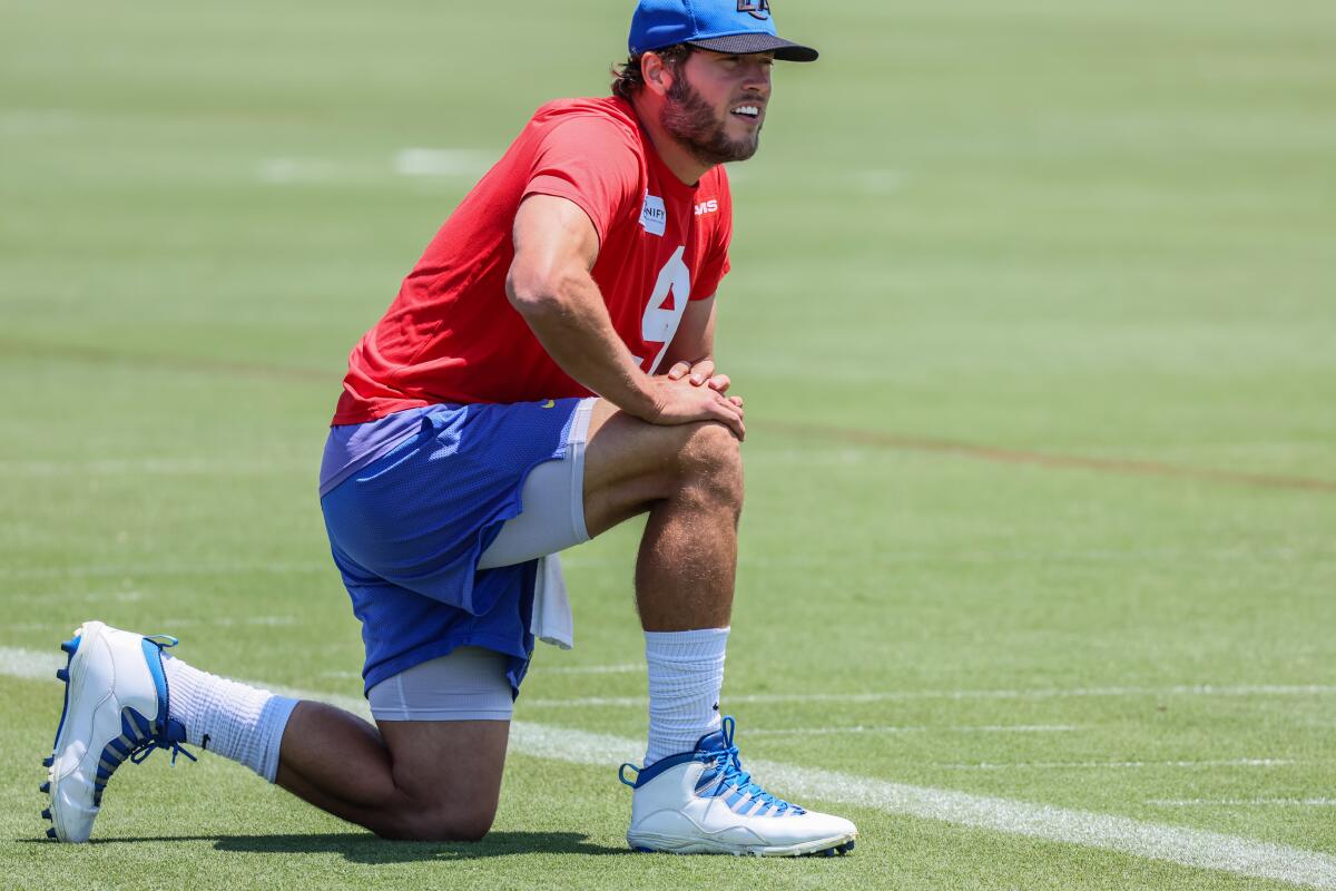 Matthew Stafford stretches during practice.